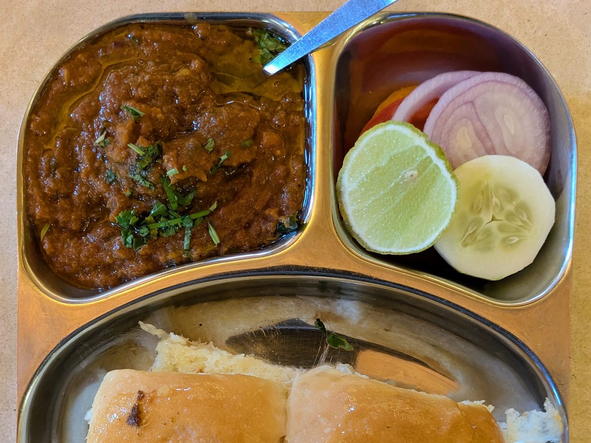 Bombay pav bhaji, a buttery mashed vegetable curry served with toasted bread rolls
